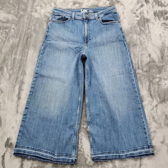 Lee Jeans Womens 14 Blue Heritage Relaxed Fit A-Line Crop High Rise Wide Leg - Picture 1 of 14